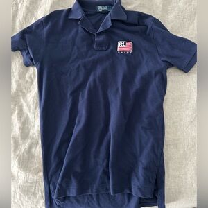 POLO RALPH LAUREN Flag PAINT MEN'S SHIRT MESH NAVY BLUE small COTTON vintage